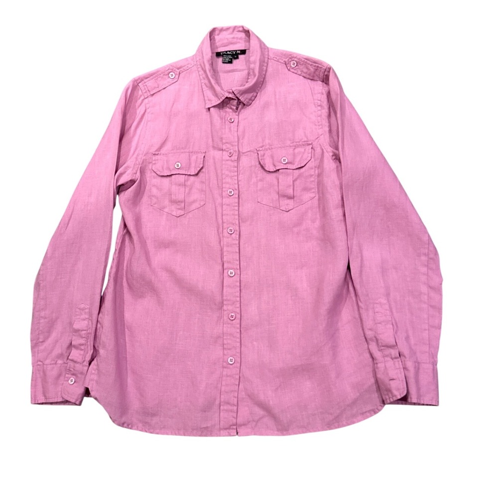 Tracy M Womans L Pink 100% Linen Button Down Utility Shirt Long Sleeve Epaulets